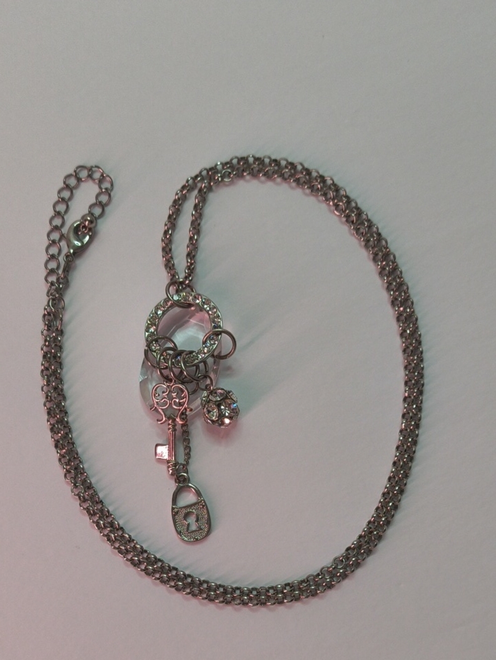 Long Lock & Key Crystal Pendant Necklace - Silver Tone